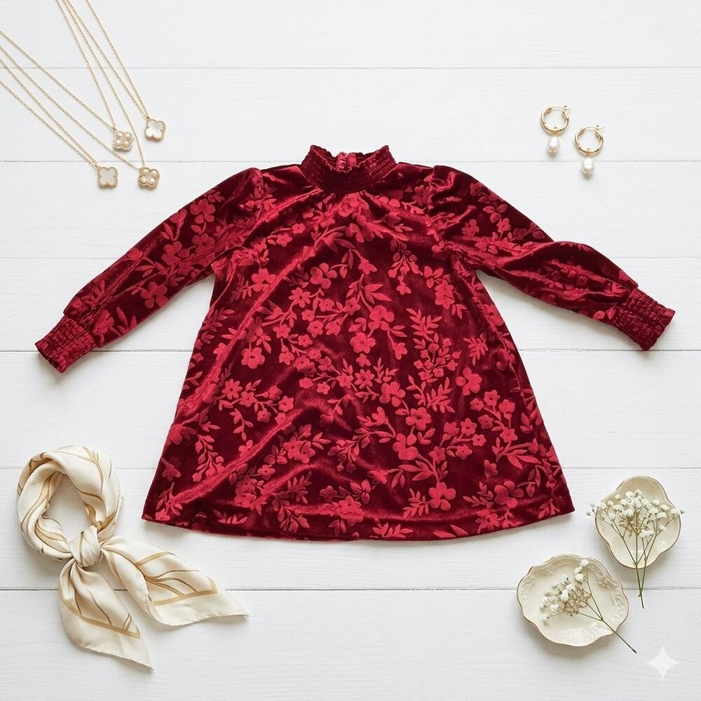 Matilda Jane Girls Red Velvet Floral Mock Neck Long Sleeve Dress Size 2T Holiday